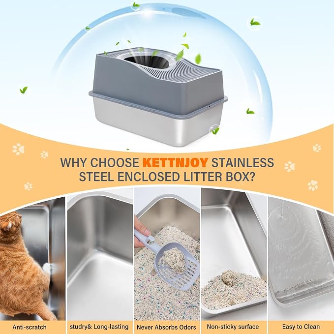Top Entry Cat Litter Box with Lid, Stainless Steel Enclosed Cat Kitty Litterbox, Top Loading Large Metal High Side Litter Pan Tray Box Enclosure Easy Cleaning Anti-Leakage