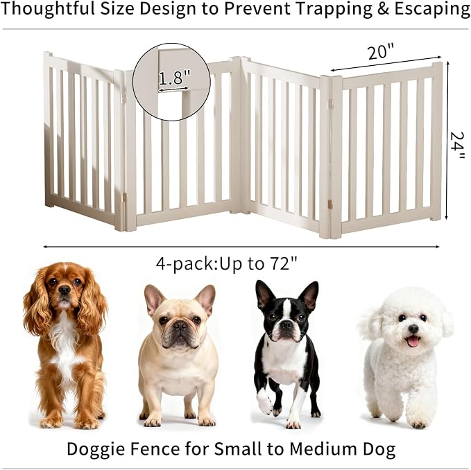 6-Panel Solid Wood Dog Gate - Freestanding Folding Pet Gate for Doorways, Stairs, Indoor, 24" Height, No Installation Needed, White