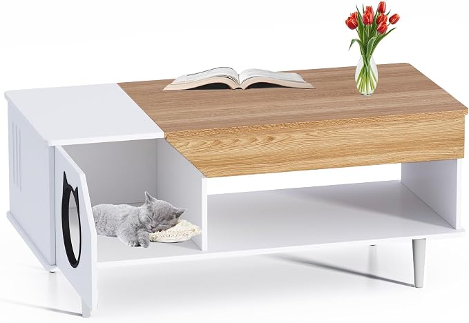 Coffee Tables with with Storage 45-Inch,Farmhouse Coffee Table with Cat House, Modern Center Table Cat Furniture Condo with Hidden Compartment for Living Room