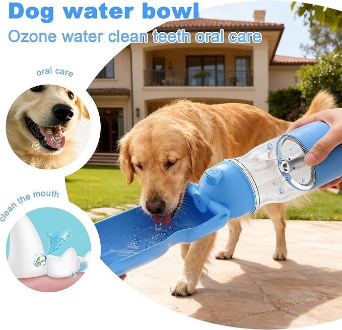 Amerisun Portable Dog Water Bottle with Ozone Purification-Active Oxygen Puppy Water Bowl & Dispenser for Travel, Improves Taste and Boosts Immunity for Pet Health Care Water Bottle (A-013Bblue)
