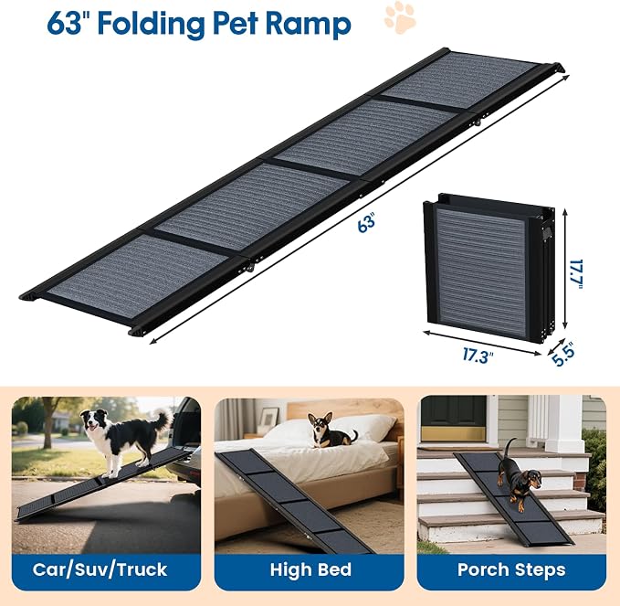 HBTower 63" Long x 17.3" Wide Folding Dog Ramp for Large Dogs Up to 250lbs - Portable Pet Ramp with Non-Slip Surface, Extra Wide Dog Car Ramps for Car, SUV, Truck & High Beds