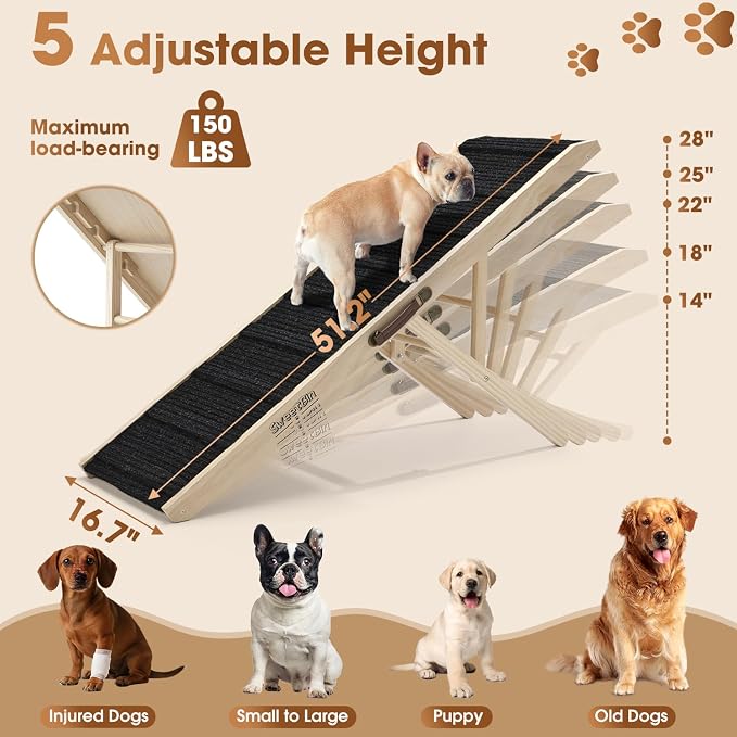 Dog Ramp for High Bed - 51.2" Long Foldable Pet Ramp for Small Large Dogs - Dog Ramps for Couch Beds Car/SUV - Pet Stairs High Traction with Buffe Platform 5 Adjustable Heights 14" to 28" Up to 150LBS
