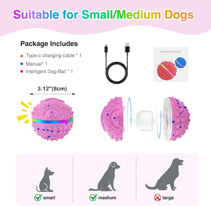 Interactive Dog Toys, Waterproof Smart Dog Ball, Rechargeable Moving Bouncing Dogs Ball with RGB Lights, 3 in 1 Play Modes Keeps Dogs Busy, E-TPU Material for Small Medium Dogs