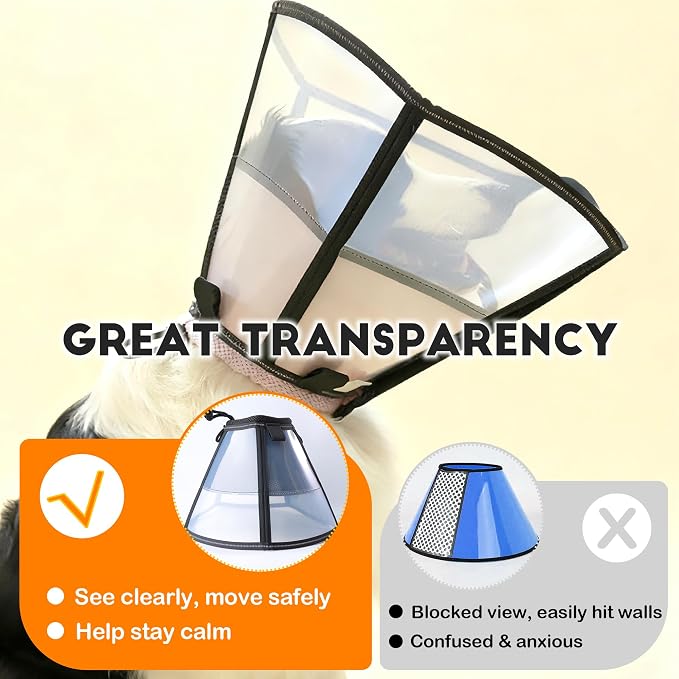 Soft Dog Cone, Stop Licking Deep Pet Recovery Collar After Surgery for Large Medium Dogs, Clear Plastic Breathable Elizabethan Head Neck Circle, Adjustable Comfortable Cones 28cm Long (ML Black)