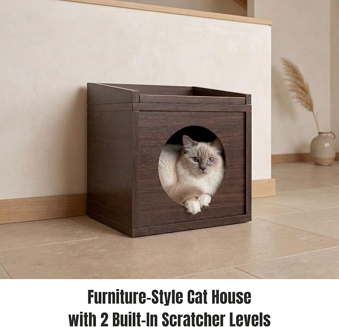 Meowdium Cat House for Indoor Cats – Cat Condo with 5X Longer-Lasting Cardboard Scratcher, 2 Scratcher Levels, Hideout & Top Lounge, Espresso