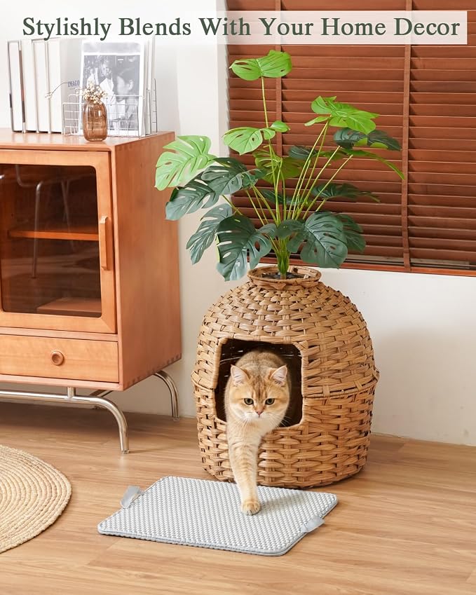 SETVSON Cat Litter Box Enclosure Plant Cat Litter Box Furniture with Artificial Plants, Large Hidden Handwoven Rattan with One Mat, Odor Control Filter, PVC Film, Real Stones, Stylish Decor, Natural