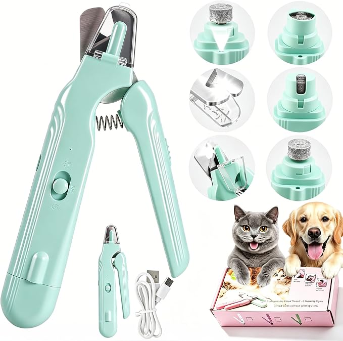 2-in-1 Dog Nail Grinder & Dog Nail Clippers Trimmers for Large Medium Small Dogs Cats Pets Claw Trimmer with LED Lights (Green)