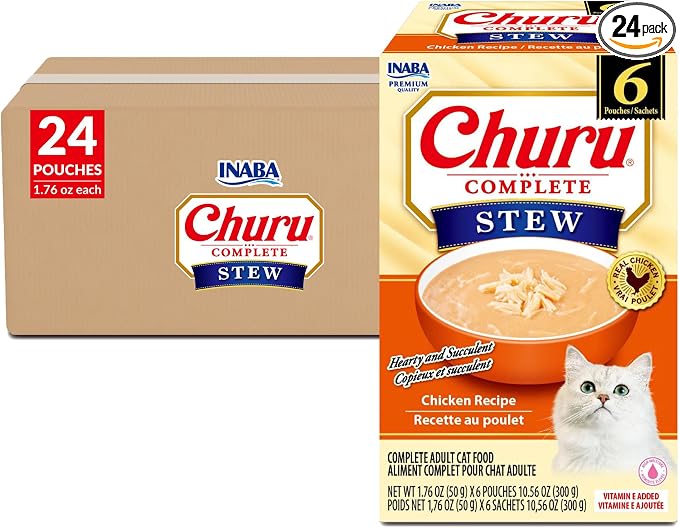 INABA Churu Complete Stew for Cats, Grain-Free, High Protein & Moisture, Wet Cat Food with Fish Oil, 1.76oz. Pouch, 24 Pouches, Chicken Recipe