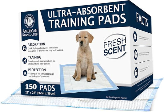American Kennel Club Ultra Absorbent Odor Control Scented Training Pads For Dogs Leak-proof Quick Dry Gel – 22 x 22 Puppy Pads - Fresh Scented - Pack of 150
