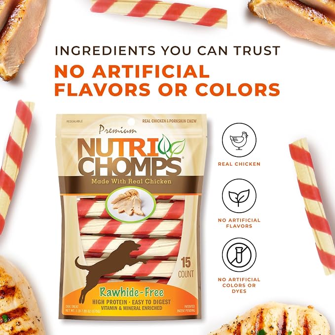 NutriChomps Dog Chews, 6-inch Twists, Easy to Digest, Long Lasting, Rawhide-Free Dog Treats, 15 Count, Real Chicken flavor