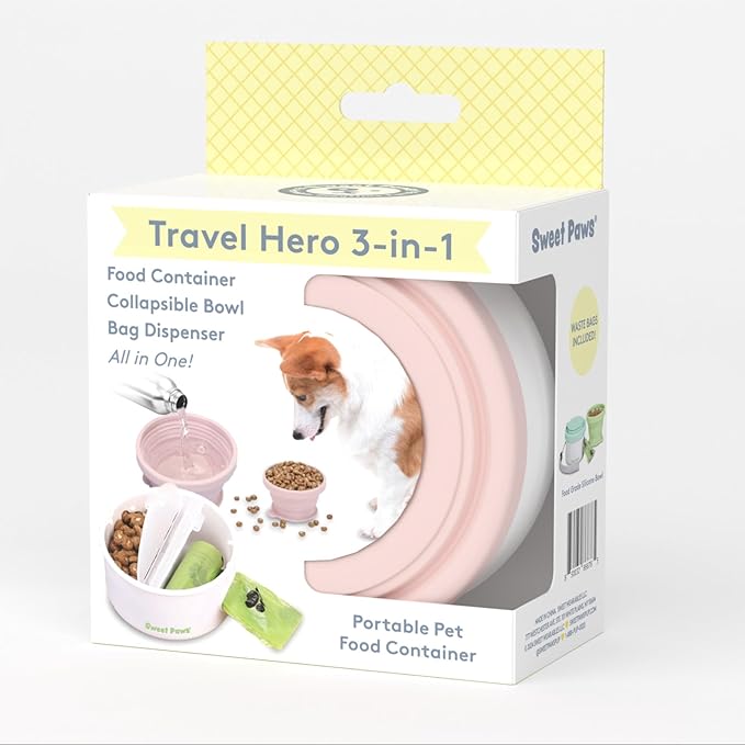 Travel Hero 3-in-1 Portable Pet Food Container for Puppies and Small Breeds, Comes with a Silicone Water Bowl and Poop Bag Dispenser in One, Blush Pink