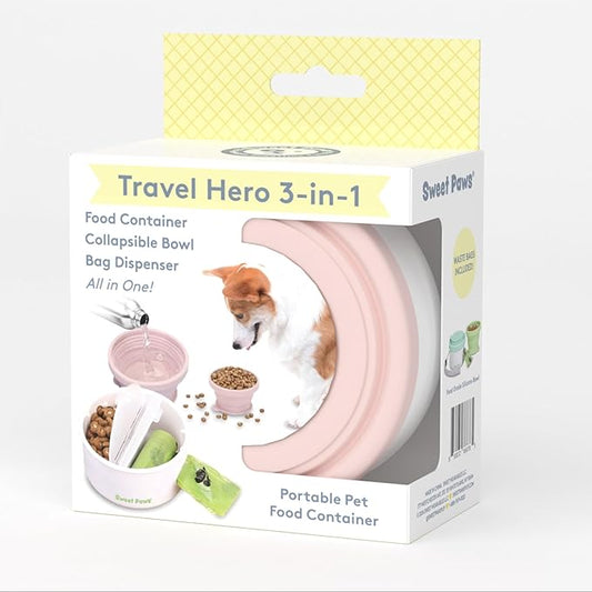Travel Hero 3-in-1 Portable Pet Food Container for Puppies and Small Breeds, Comes with a Silicone Water Bowl and Poop Bag Dispenser in One, Blush Pink
