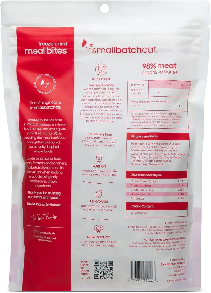 smallbatch Freeze-Dried Raw Cat Food, Shelf Stable Food Bites, Beef Recipe, High Protein Meal or Topper for Cats, Humanely Raised Meat, Organic, Non-GMO Produce, Made in the USA, 10oz Bag