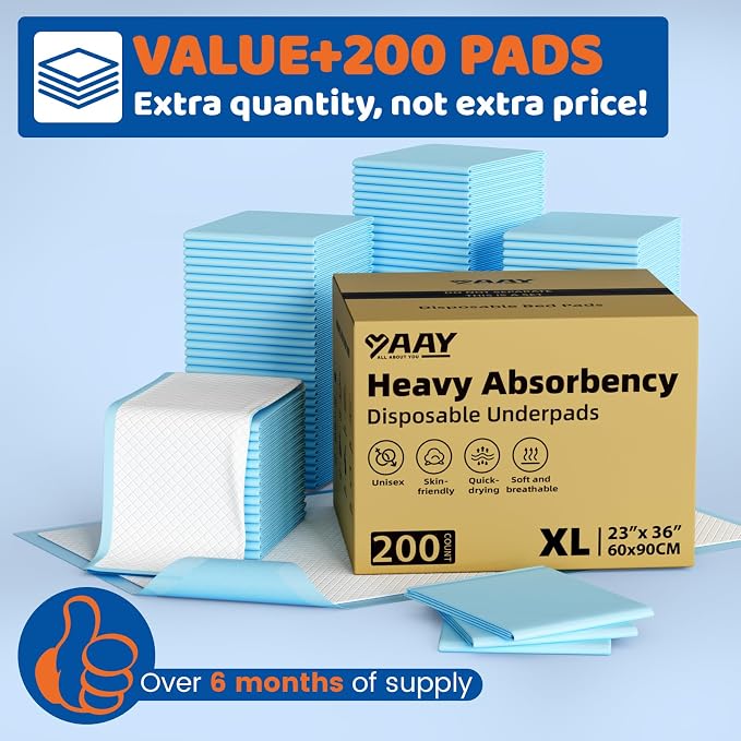 200 Count Disposable Beds Pads 23"x36",Premium Adults Incontinence Chucks Underpads,Super Absorbent Waterproof Pee Pads,Extra Large Puppy Training Pad,Baby Changing Pad