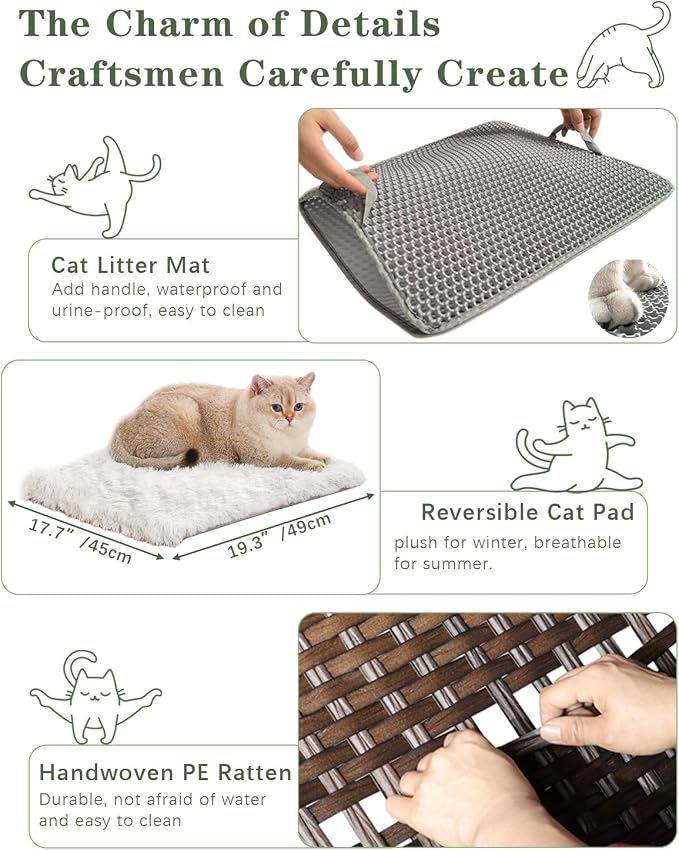 SETVSON Cat Litter Box Enclosure Furniture with One Cat Bed Pad, Rattan Hidden Litter Box Handwoven Cat House with Two S-Shaped Hooks for Living Room, Bedroom, 18.5 x 20.5 x 19.1 Inch,Brown