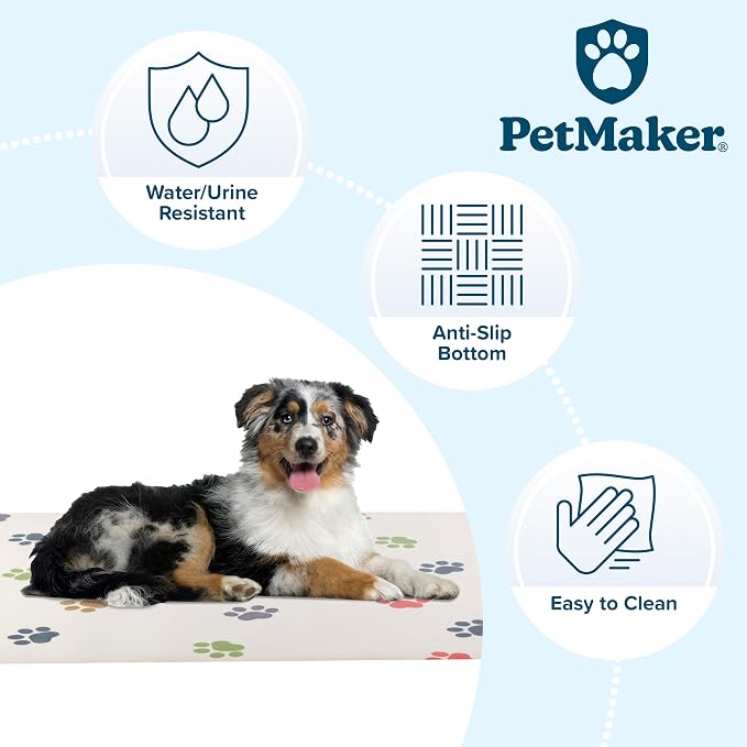 Dog Mat for Food and Water, Crate Pad, and Floor Protector - 55” x 28” Extra Large PVC Memory Foam Pad with Non-Slip Bottom - Stain, Scratch, and Water-Resistant Floor Mat by PETMAKER (Dog Bones)