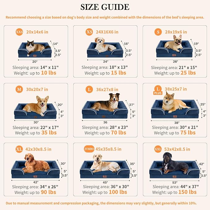 Comfort Expression Orthopedic Dog Bed for Medium Dogs 30x20 Inch, Waterproof Supportive Egg Crate Foam Medium Pet Bed with Removable Bolster, Dog Couch with Washable Cover & Non-Slip Bottom, Navy Blue