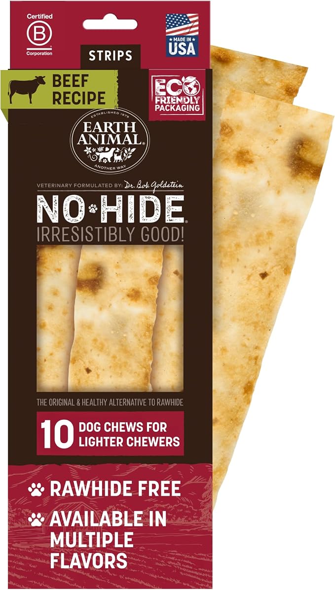 Earth Animal No Hide Strips - Natural Rawhide Free Dog Chew Strips, Beef - 10 Count Value Pack