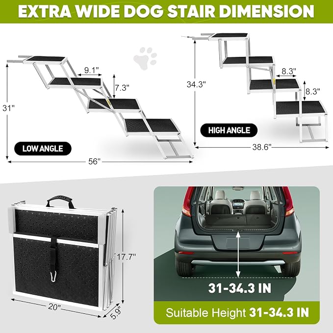 Dog Stairs for Car,Extra Wide Dog Stairs for Large Dogs,Foldable Dog Ramp for Car, Pet Steps Light Weight Aluminum,High Beds,for SUV Trucks, Supports up to 200 lbs (for The Trunk of The Car Only)