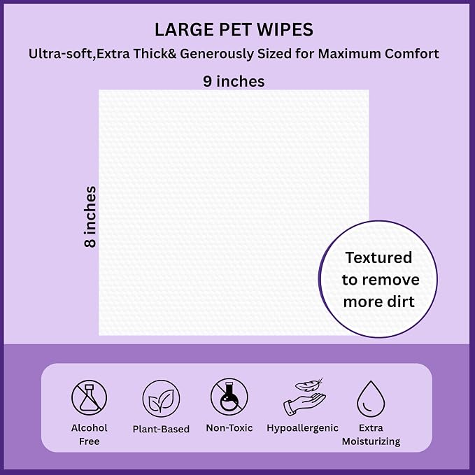 Aurora Pet Wipes – 100% Natural, Plant-Based Hypoallergenic Grooming Wipes for Dogs & Cats – Extra-Durable, Large & Thick for Effortless Cleaning (Lavender, 200 Count)