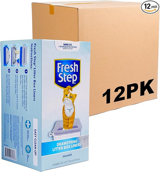 Fresh Step Drawstring Cat Litter Box Liners Unscented Heavy Duty Kitty Litter Bags Large Oval or Rectangle Pans Contains Odor and Mess Easy Lift Out Cleanup 30 x 17 IN 15 Count 12 Pack