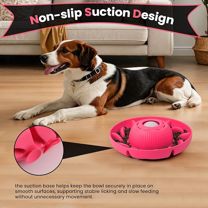 PUPPYGANG 2-in-1 Slow Feeder Dog Bowl for Large Dogs — Silicone Dry Food Maze & Wet Food Lick Ball with Suction Cup, Interactive Puzzle Feeder, Non-Slip & Detachable, Easy to Clean (Red)