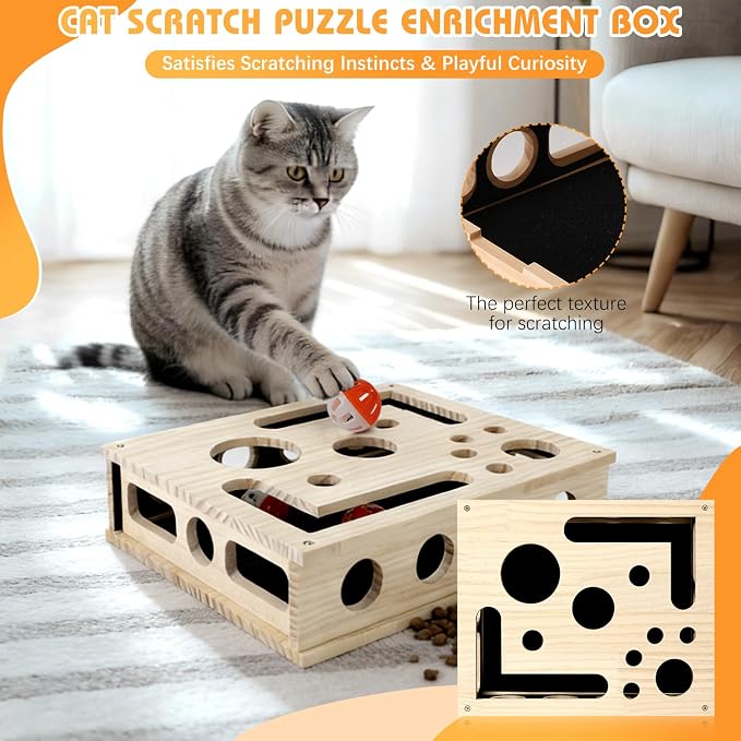 Cat Scratch Puzzle Enrichment Box, Wooden Cat Nail File Box Stress Free Alternative to Grinders, Maze Toy Box for Indoor Cats Scratching, with Sandpaper & 3 Bell Balls