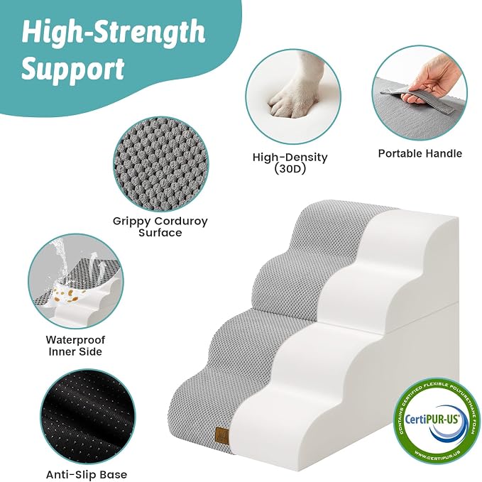 COZY KISS Detachable Curved Dog Stairs 19.7" H, 4 Step Small Dog Step for Puppy or Older Cat, Ramp for Bed, Sofa, Couch or Chair, Ladder with High Density Foam, 15.7x28.3x19.7 inch, Grey