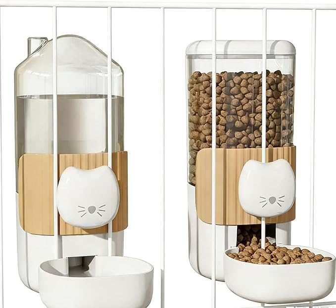 Hanging Automatic Cat Feeder and Water Dispenser Set, Gravity Pet Food & Water Bowl for Wire Cage, No-Spill Pet Feeding Station for Small Dogs Rabbits (Milk Coffee)