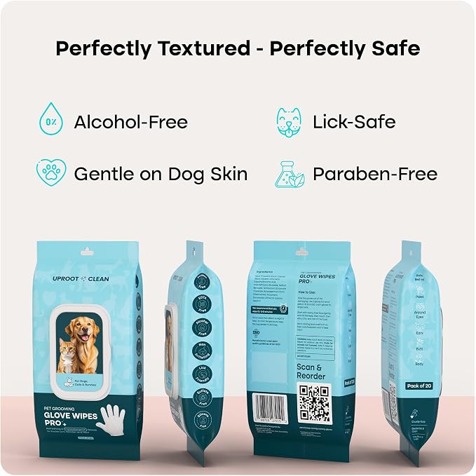 Uproot Clean Glove Wipes Pro & Eye Care Set: Extra-Thick Dog Wipes for Paws and Butt for Full-Body Cleaning (20 Pack) + Hypoallergenic Eye Pads as a Gentle cat & Dog Tear Stain Remover