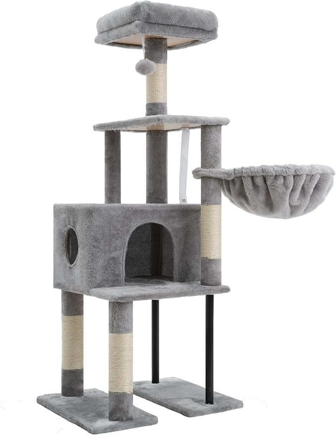 Heybly Cat Tree, 49.2 Inches Cat Tower for Indoor Cats, Spacious Cat House Condo with Hidden Space，Sturdy Steel Tube，Soft Plush Top Perch，Cozy Hammock and Sisal Scratching Posts, Light Gray HCT200SW