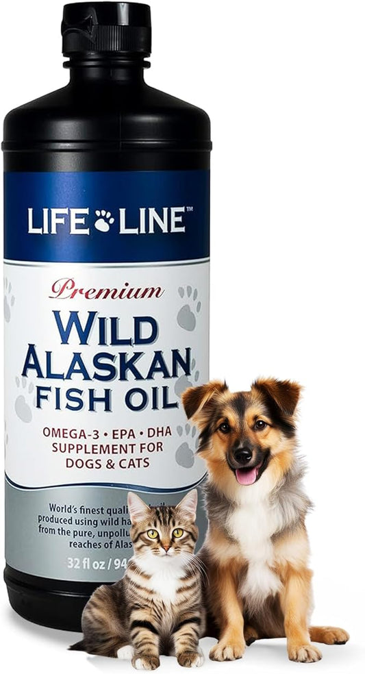Lifeline Omega-3 Fish Oil for Pets | Wild Alaskan Salmon Pollock Oil | Cold-Filtered with DHA, EPA for Healthy Eye, Heart & Brain | Pet Supplement for Moisture Replenishment | 128 oz