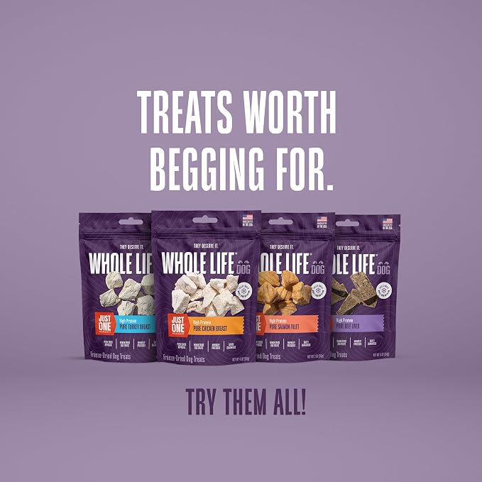 Whole Life Dog Just One Chicken Freeze Dried Dog Treats - Human Grade High Protein Food, Healthy Training Snacks, Freeze Dried Food Toppers, USA Made Natural Treats - 4 oz (Value Pack of 1)