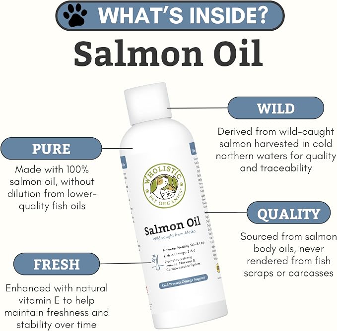 Wholistic Pet Organics Wild Alaskan Salmon Oil for Dogs and Cats - Omega 3 Fish Oil for Dogs & Cats - Cat & Dog Skin and Coat Supplement for Heart, Joints - DHA, EPA Omega 3 Liquid Food Topper - 16 oz