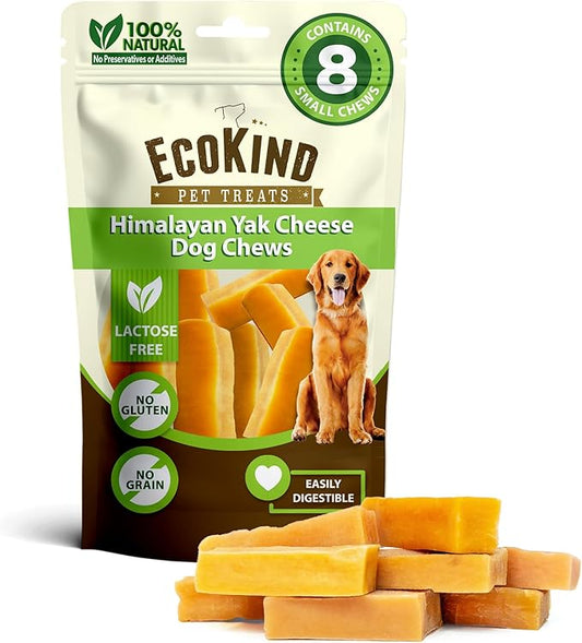 EcoKind Yak Cheese Himalayan Dog Chews, Yak Chews for Small Dogs, Long Lasting Bone for Aggressive Chewers, Only 3 Ingredients, Natural High Protein Treats, No Additives, Lactose Free, Small - 8 Chews