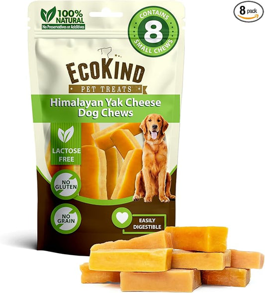 EcoKind Yak Cheese Himalayan Dog Chews, Yak Chews for Small Dogs, Long Lasting Bone for Aggressive Chewers, Only 3 Ingredients, Natural High Protein Treats, No Additives, Lactose Free, Small - 8 Chews