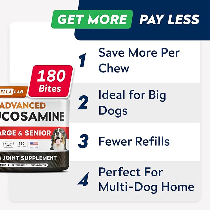 STRELLALAB Advanced Glucosamine Hip & Joint Supplement for Senior Dogs - Green Lipped Mussel & Collagen - Hip & Joint Pain Relief - Large & Small Breed - Joint Health - 180 Chews