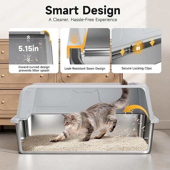 Stainless Steel XL Cat Litter Box for Cats, High-Sided Design Prevents Urine Leakage, Non-Stick, Easy to Clean, Includes Scoop, Gray