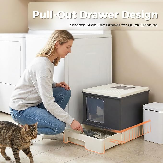 PEQULTI Large Cat Litter Box with Lid, 88L High Capacity Covered Kitty Litter Box, Anti-Leaking Raised Edge Guard, Pull-Out Drawer Design & Foldable Large Scoop, Front & Top Entry, Dark Grey