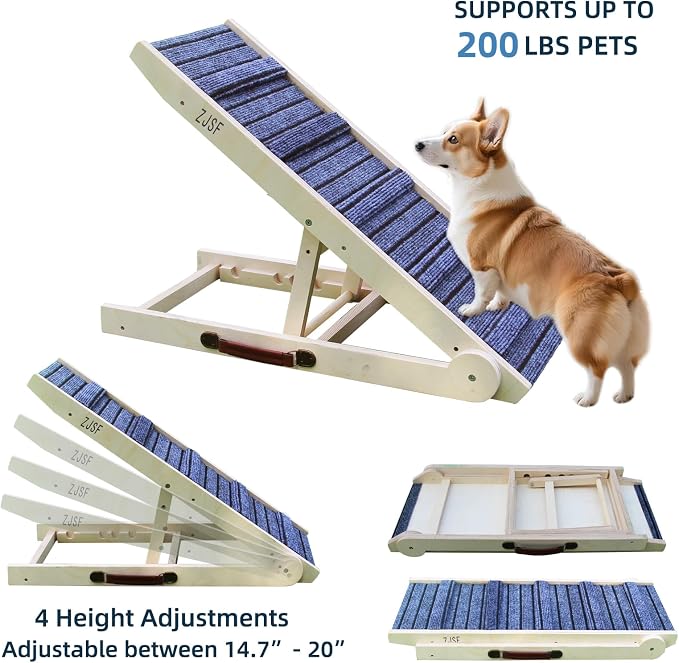 ZJSF Foldable Dog Ramp for High Bed, Wooden Dog Stairs to Bed for Small and Large Dogs, High Traction Platform with 4 Adjustable Heights (14.7"-20"), 32" L, Supports up to 200 lbs