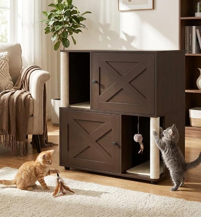 2 Tier Cat Washroom,Modern Farmhouse Double Cat Litter Box Enclosure Furniture,Hidden Cabinet with 2 Scratch Mats & Post, Multi-Functional End Side Table for 2 Cats, Odor-Control Wooden Washroom Cabin