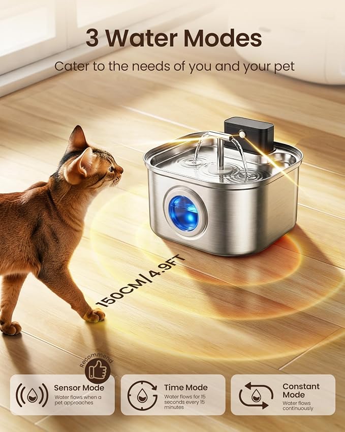 Cordless Cat Water Fountain Stainless Steel, 3.2L/108oz Wireless Battery Operated Pet Water Fountain(4 Filters) +6 Replacement Filters