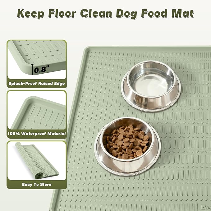 47" x 35" Silicone Dog Food Mat, Waterproof Pet Feeding Mat with Raised Edge, Extra Large Dog Bowl Mat Non-Slip Water Bowl Placemats for Dogs, Protects Floors, Easy to Clean (Light Green)