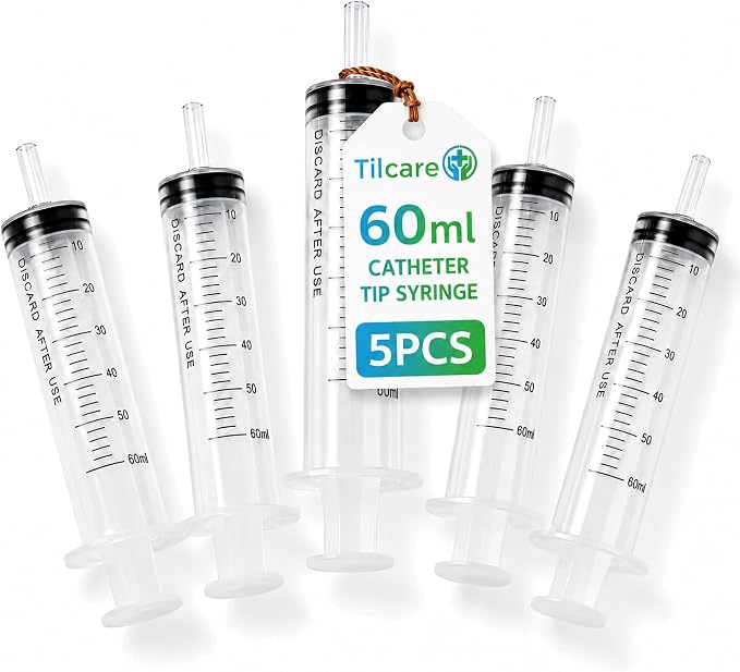60ml Catheter Tip Syringe with Covers 5 Pack by Tilcare - Sterile Plastic Medicine Food Droppers for Children, Pets or Adults – Latex-Free Oral Medication Dispenser - Large Feeding Tube Syringes