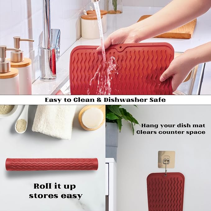 ZLR 4-in-1 Silicone Mat 12" x 12" / 305 x 306mm Square - Dish Drying Mat, Air Fryer Mat, Coffee Maker Pad & Heat Resistant Trivet (up to 450°F) - Non-Slip Food-Grade BPA-Free (Lava Red)
