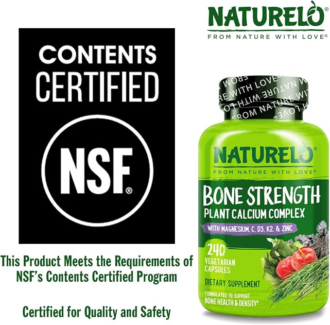 NATURELO Calcium Supplement - with Vitamin C, Vitamin D3, K2, and Calcium Magnesium Zinc for Bone Strength with Calcium 600mg - Plant-Based, 240 Vegetarian Capsules, Non-GMO, Soy & Gluten-Free