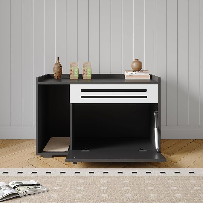 GarveeLife Cat Litter Box Enclosure Furniture Hidden Litter Box Cabinet Indoor Cat Washroom Pet House Dog Proof Hideaway Kitty Flip-down Opening Litter Box Enclosure - Black
