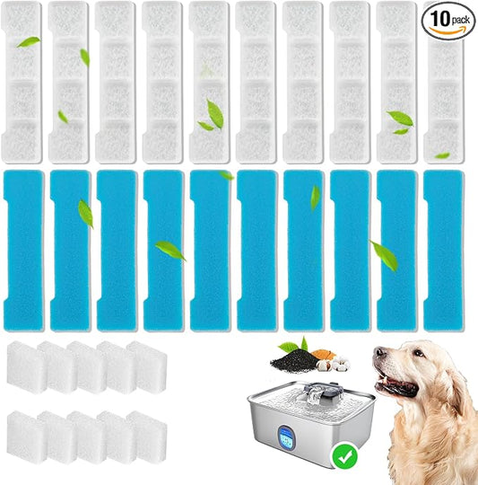 10+10 Pack Replacement Filters Compatible with SIBAYS/Kastty 4Gal/15L Stainless Steel Dog Water Fountain, Includes 10 Filters & 10 Sponges