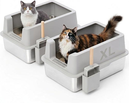 2 Pack Stainless Steel Cat Litter Box - Enclosed XL Metal Kitty Litter Box with Lid for Big Cats, High Sided, Anti-Leakage, Easy Cleaning, Non-Sticky, Included Cat Litter Spoon
