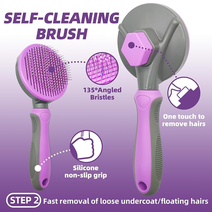 7 PCS Dog Brush for Shedding and Dog Washing Gloves - Quick Drying Dog Towel,Bath Brush for Long & Short Haired Dogs, Cats Purple Grey